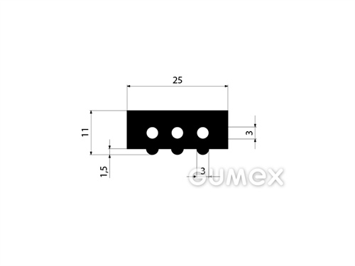 Geformtes Gummiprofil mit 3 Löchern, 11x25mm, Länge 2200mm, 60°ShA, EPDM, -40°C/+100°C, schwarz, 